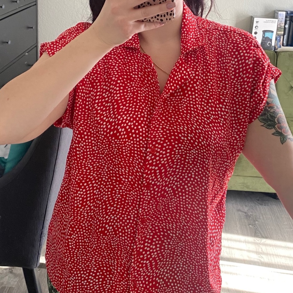 Bobeau Red White Polka Dot Button Up Blouse